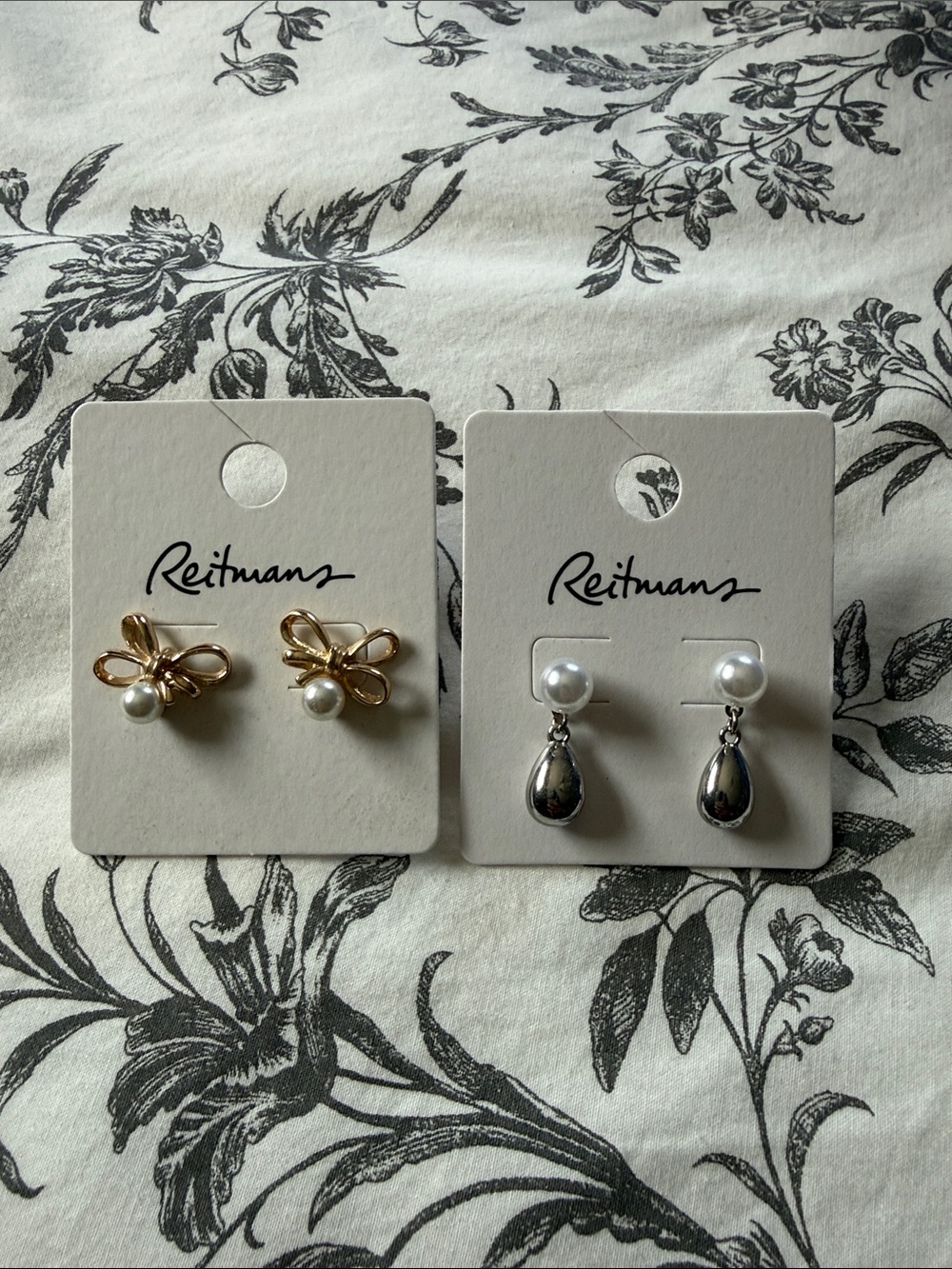 Reitmans Gold Bow Pearl Studs & Silver Pearl Drop Earrings - Two Pair